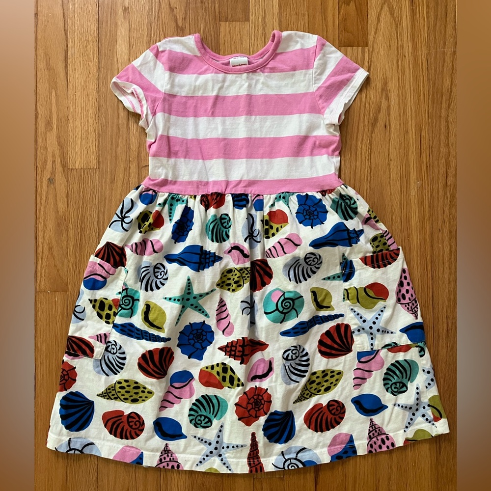 EUC Hanna Andersson Dress - US 10 Girls -Short Sleeve Pockets Stripes Sea Shells